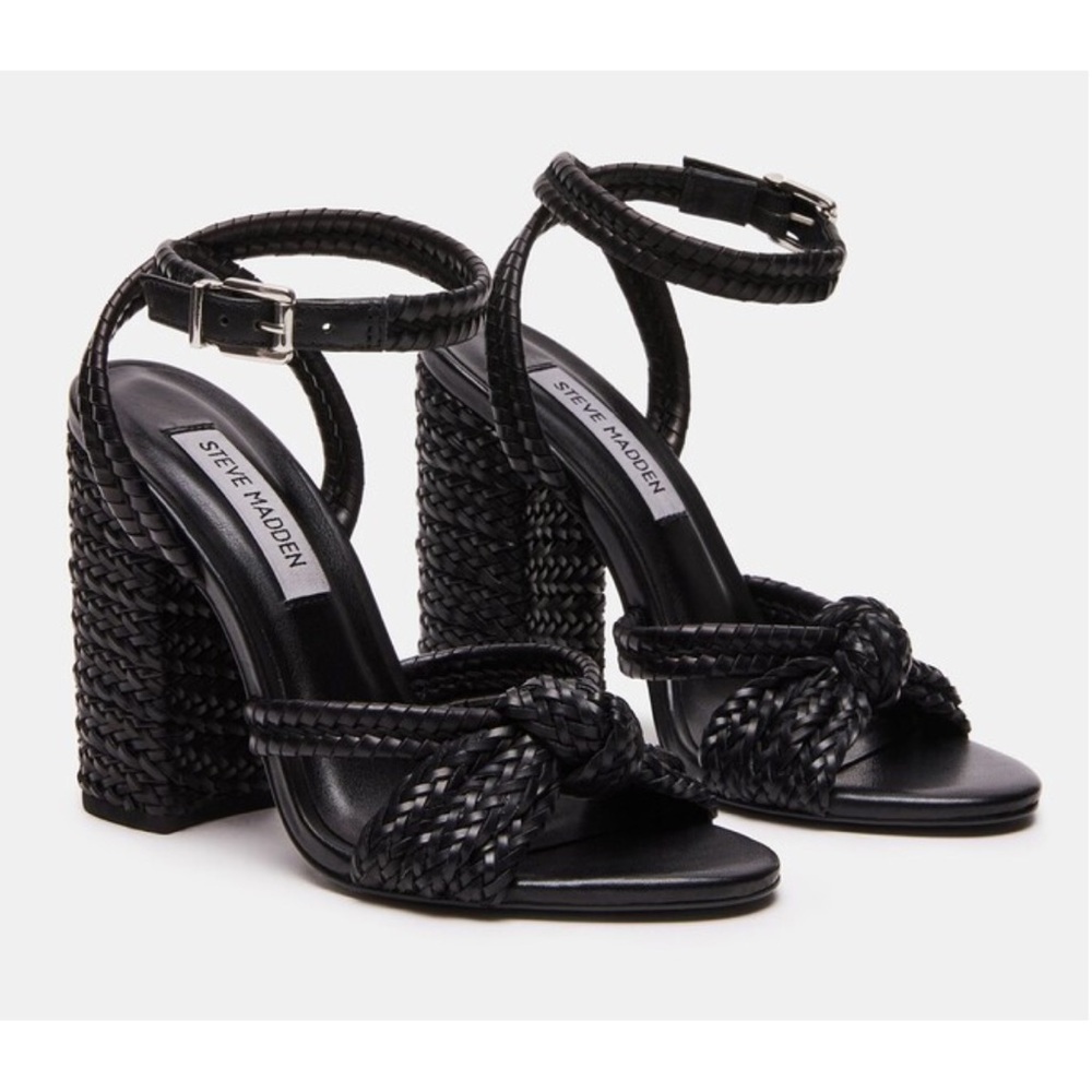 Steve Madden Malou Black Braided Strap Block Heel Sandals Size 8